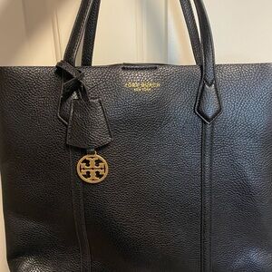 Tory Burch Black Leather Tote with Gold Accents